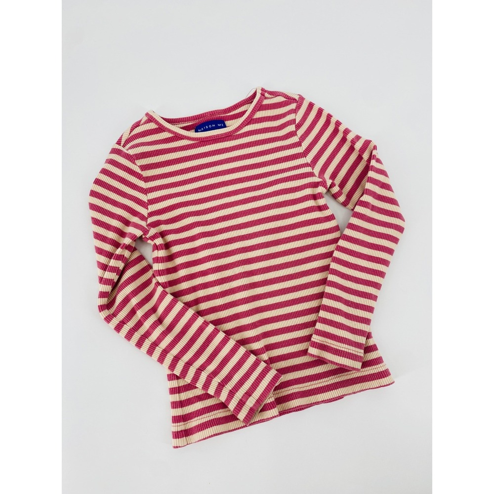 Maison Me Ribbed Striped Top Kids 3Y Pink Cream Long Sleeve Crewneck